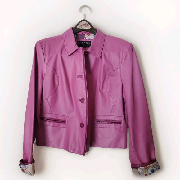 Bernardo Pink Petunia Leather XL Fitted Moto/Barbie SPRING Jacket Floral Lining - Picture 3 of 14